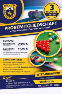 Probemitgliedschaft für Billard, Snooker oder Karambol im Break In Schwerin e.v.