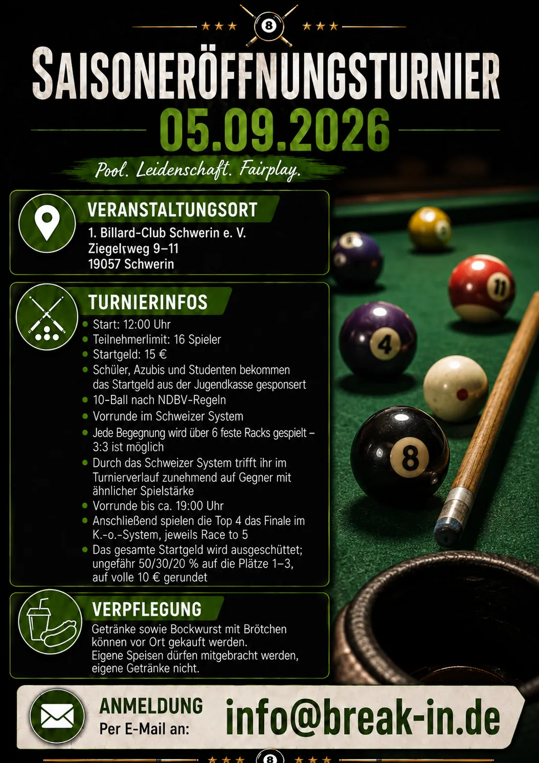 Plakat Turnier Saison Eröffnung Pool Billard Break In Schwerin September 2026